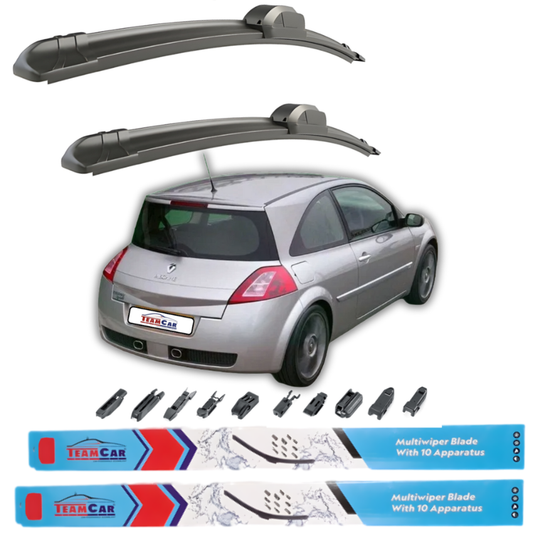 Car wiper blades displayed above a Renault Megane II Hachback 3 usi (2002–2005) with Team Car branding.