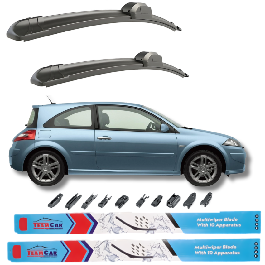 Car wiper blades with a Renault Megane II Hachback 3 usi (2006–2009) and Team Car branding on a white background