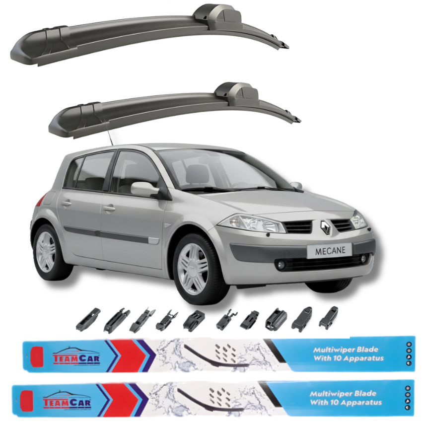 Renault Megane II Hatchback 5 usi (2002–2005) with wiper blades and additional wiper parts on a white background