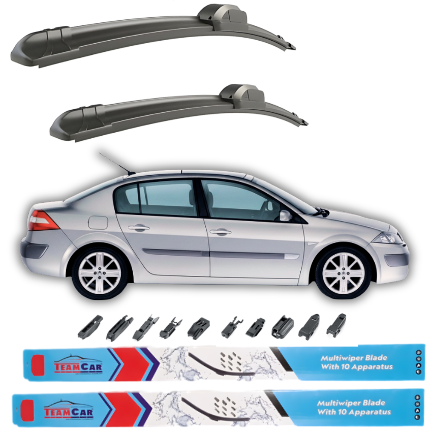 Car wiper blades with a Renault Megane II Sedan (2002–2005) and Team Car branding on a white background