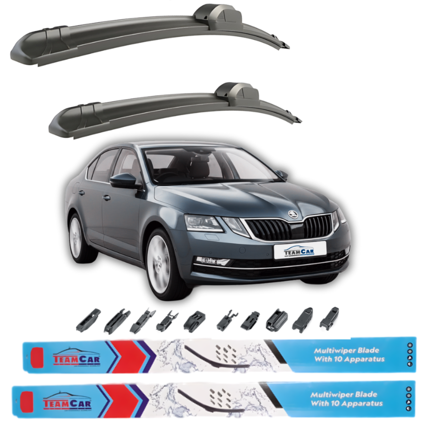 Car wiper blades with a Skoda Octavia III (2017–2020) and TeamCar branding on a white background