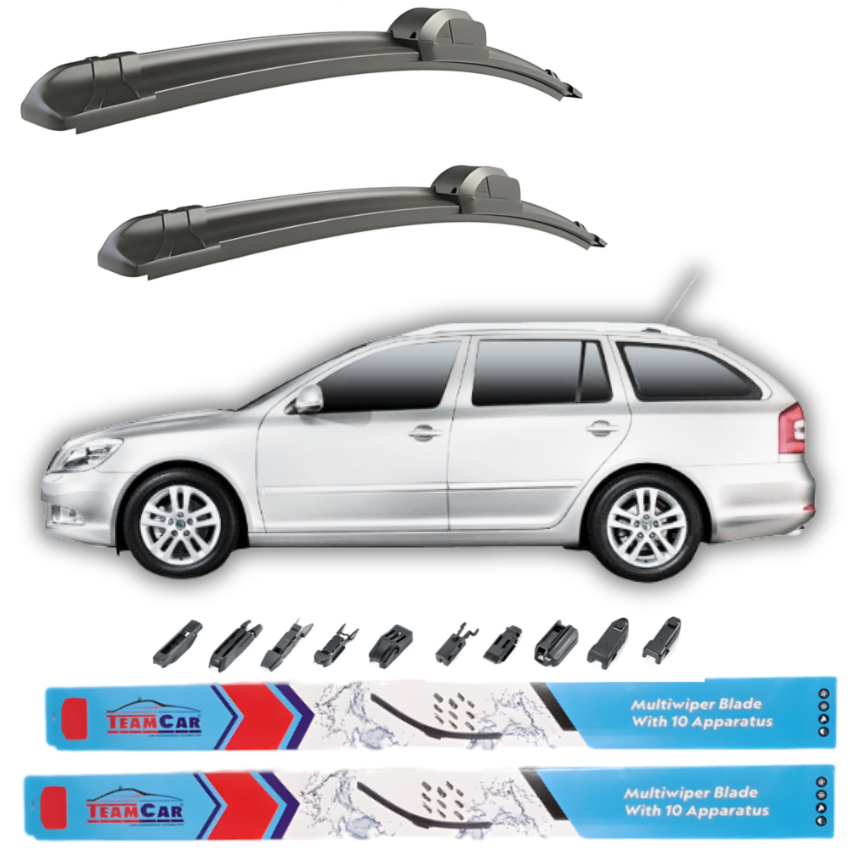 Car wiper blades with a Skoda Octavia II Combi (2009–2013) illustration and Team Car branding on a white background