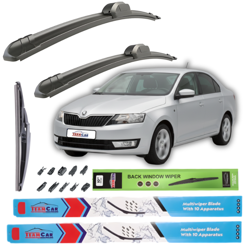 Car wiper blades with a white Skoda Rapid Liftback (2012–2019) in the background and Team Car branding.