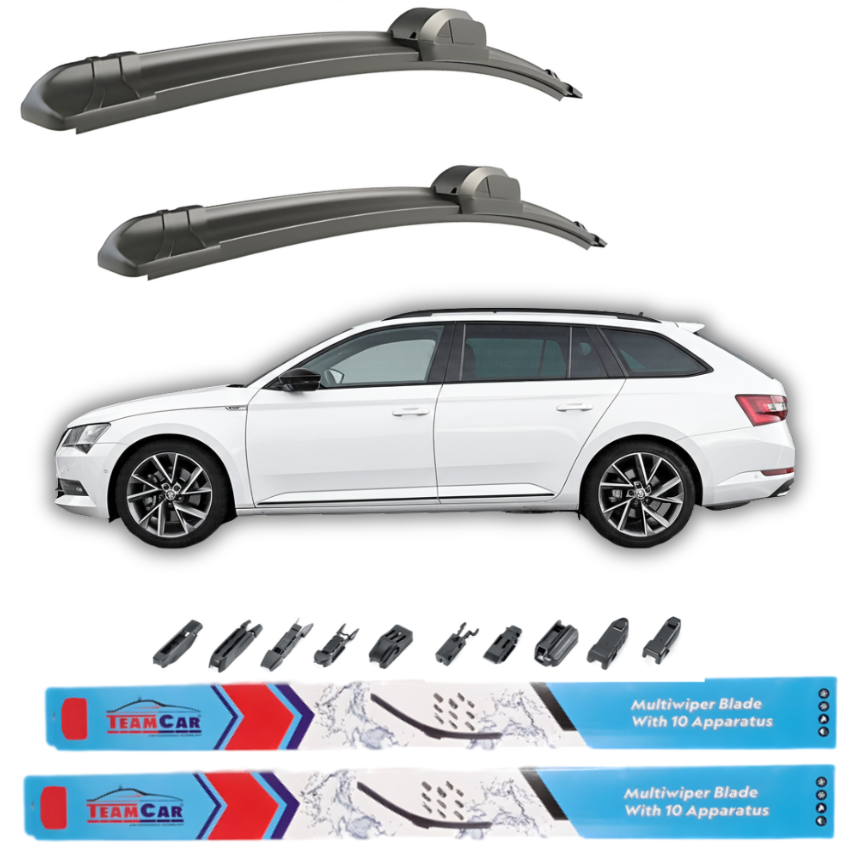 Car wiper blades with a white Skoda Superb III Estate (2015–2023) and Team Car branding on a white background