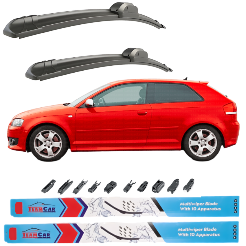 Car wiper blades with a red Audi A3 3 usi (2003–2012) and Team Car branding on a white background