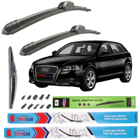 Car wiper blades with packaging and an Audi A3 8P Sportback (2003-2012) on a white background