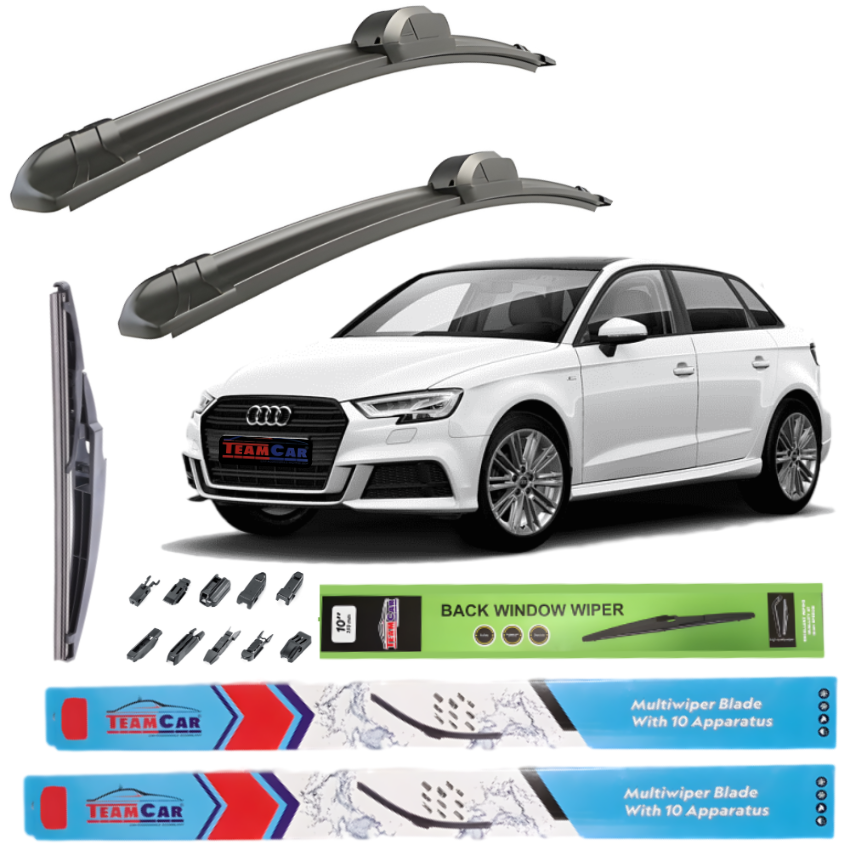 Car wiper blades with an Audi A3 8V (2012–2020) and Team Car branding on a white background