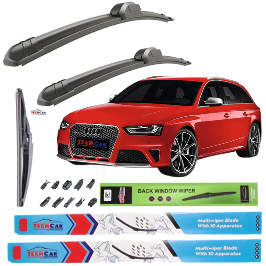 Car wiper blades with a red Audi A4 B8 avant (2008–2015) and packaging on a white background