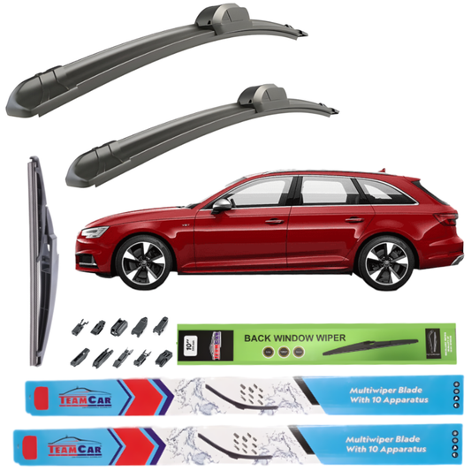 Car wiper blades with a red Audi A4 B9 Avant (2016–prezent) and packaging on a white background