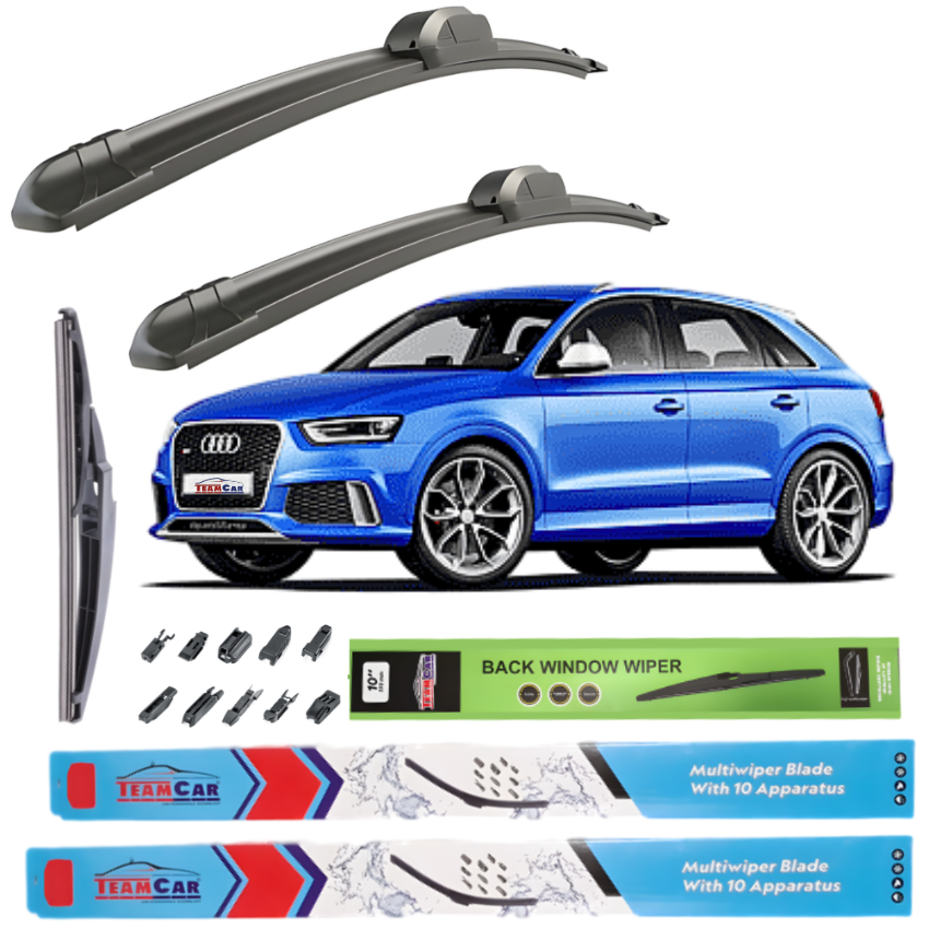 Car wiper blades with a blue Audi Q3 I (2011–2018) SUV and packaging on a white background