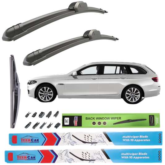 Car wiper blades with a BMW 5 Series Touring (F11) and packaging on a white background