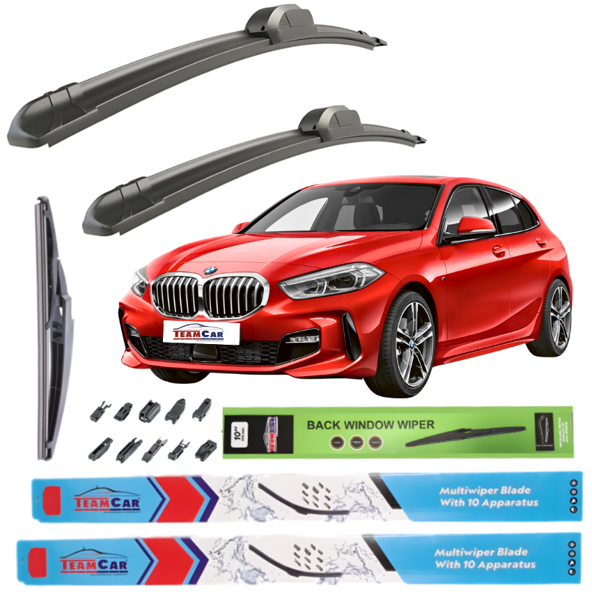 Car wiper blades with a red BMW Seria 1 F40 (2019–prezent) and packaging on a white background