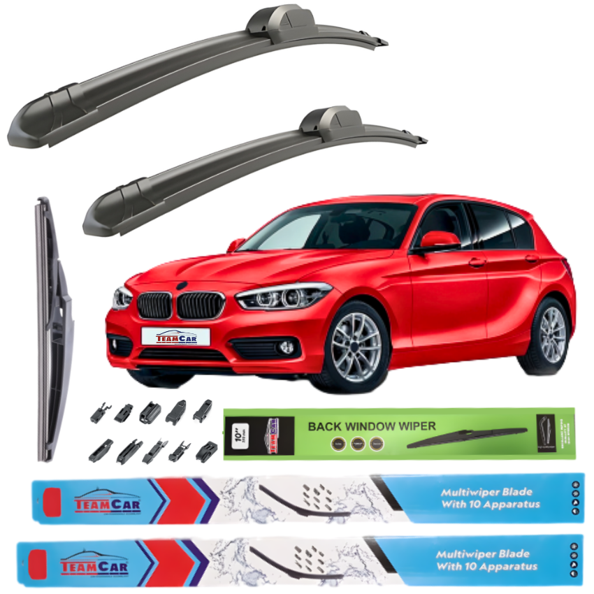 Car wiper blades with a red BMW Seria 1 F20/F21 (2011–2019) and branding on a white background
