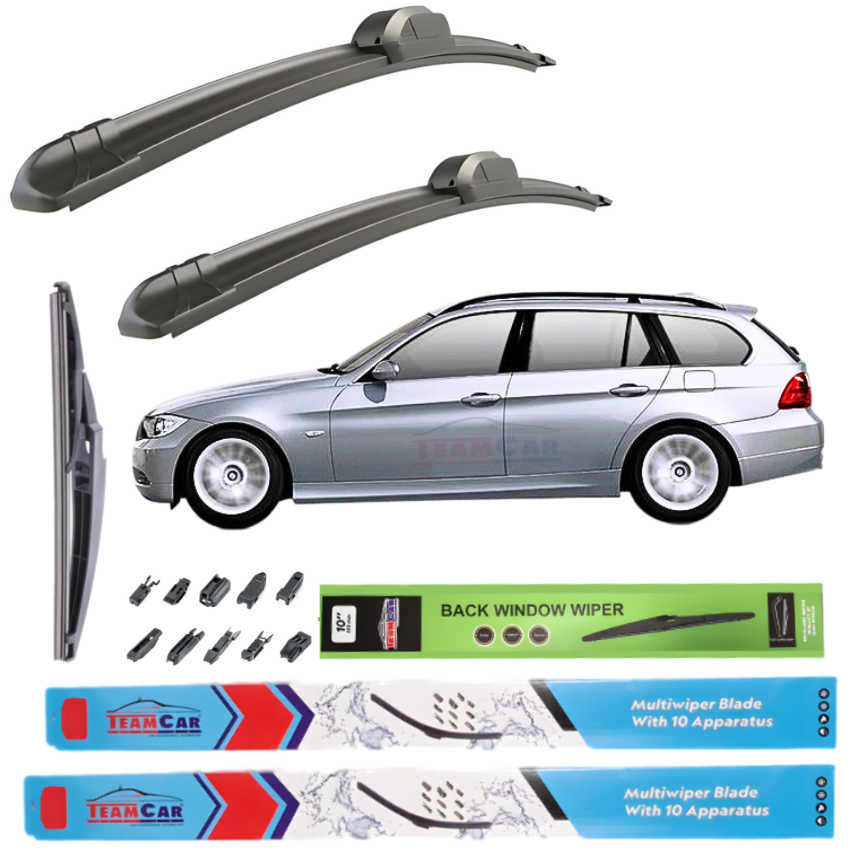 Car wiper blades with packaging and a BMW Seria 3 E91 Touring (2005–2012) on a white background