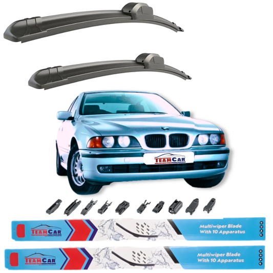 Car wiper blades with a blue BMW Seria 5 E39 (1995–2003) and Team Car branding on a white background