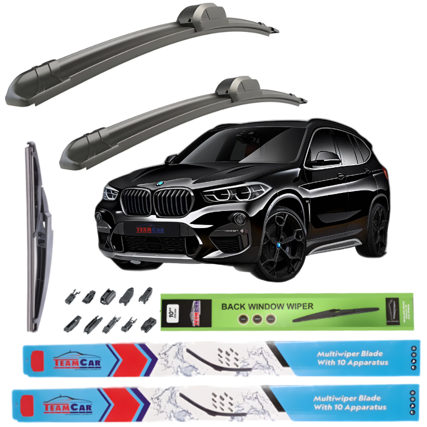 Car wiper blades and packaging with a black BMW X1 U11 (2022–prezent) on a white background