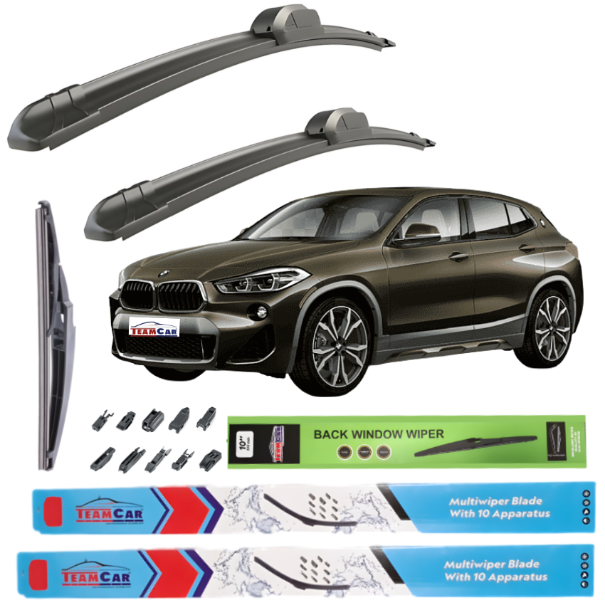 Car wiper blades with a BMW X2 F39 (2018–prezent) and packaging on a white background