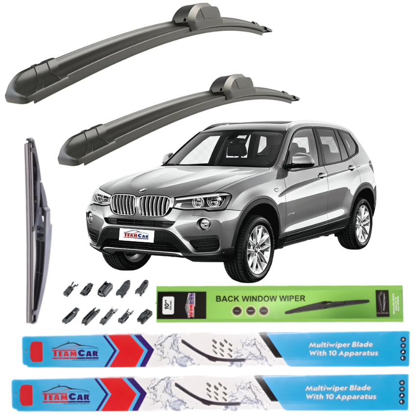 Car wiper blades with a silver BMW X3 F25 (2010–2017) and branding on a white background