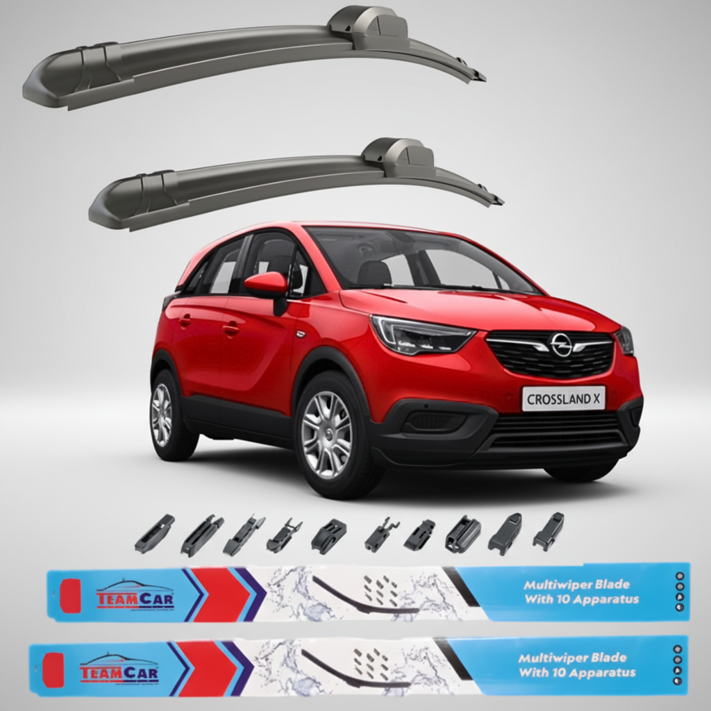 Car wiper blades with a red Opel Crossland X on a white background
