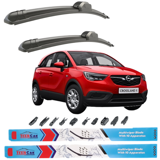 Car wiper blades with a red Opel Crossland X on a white background