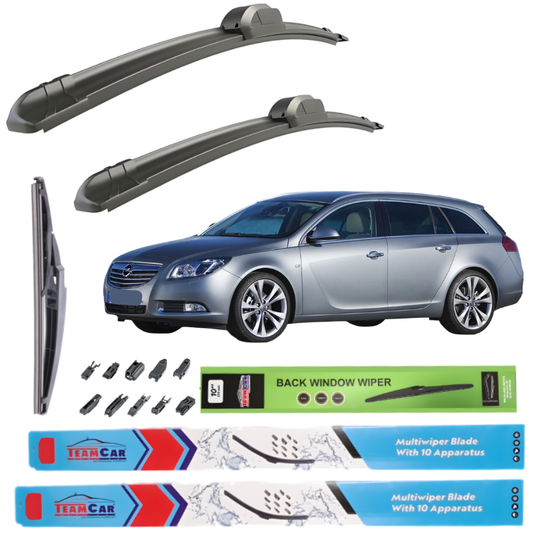 Car wiper blades with Opel Insignia A Sports Tourer (2008–2017) and packaging on a white background