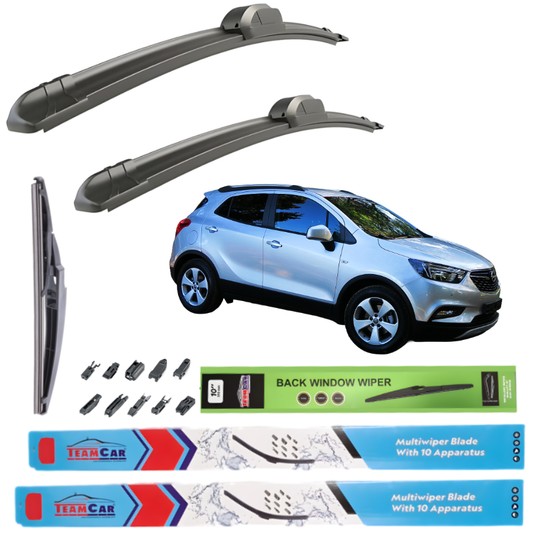 Car wiper blades with a car Opel Mokka / Mokka X (2012–2019) and packaging on a white background