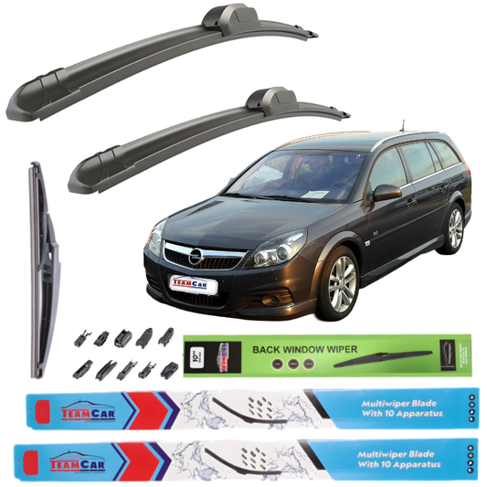 Car wiper blades with Opel Vectra C Caravan (2002–2008) and packaging on a white background