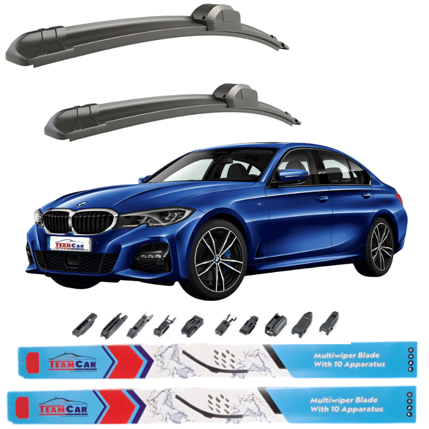 Two car wiper blades above a blue Seria 3 G20 (2019–2025) with wiper blade accessories displayed below.