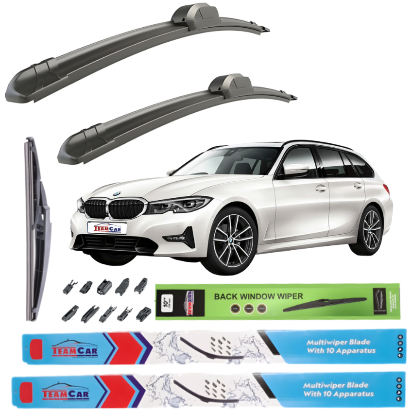 Car wiper blades with a white Seria 3 G21 Touring (2019–2025) and branding on a white background