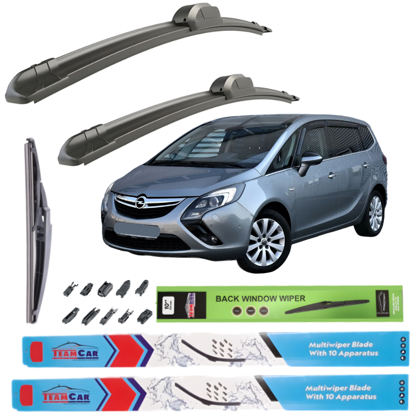 Car wiper blades with Zafira C Tourer (2011–2019) and packaging on a white background