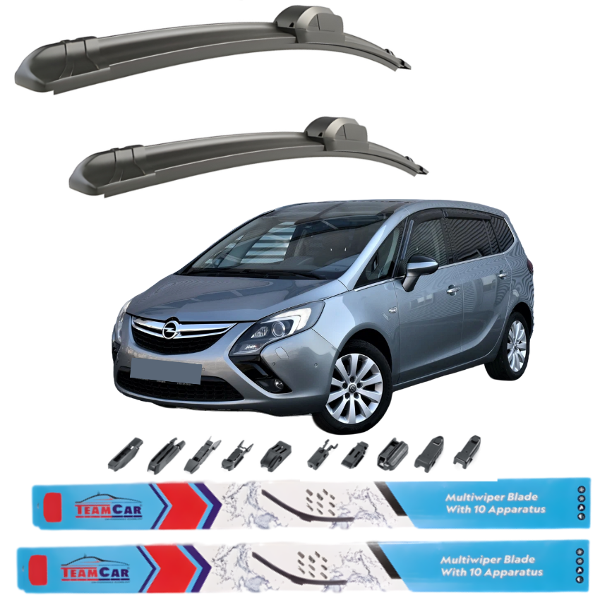 Car wiper blades with Opel Zafira C Tourer (2011–2019) and Team Car branding on a white background