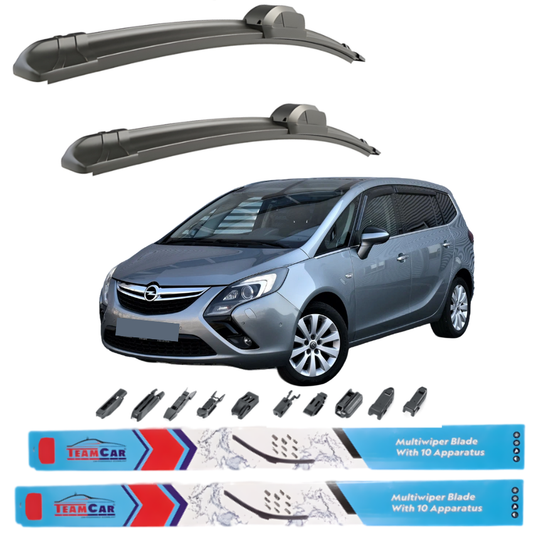 Car wiper blades with Opel Zafira C Tourer (2011–2019) and Team Car branding on a white background
