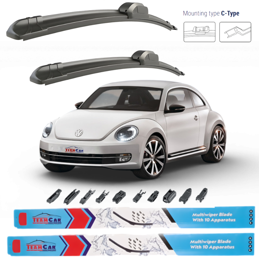 Car wiper blades with a white Volkswagen Beetle (5C1) 2011+ and 'Team Car' branding.