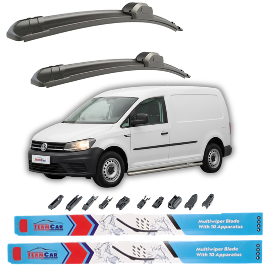 Two car wiper blades above a white van with wiper blade attachments displayed below.