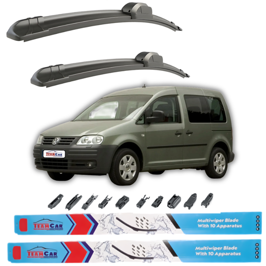 Two car wiper blades with a gray Volkswagen Caddy Life on a white background, featuring Team Car branding.