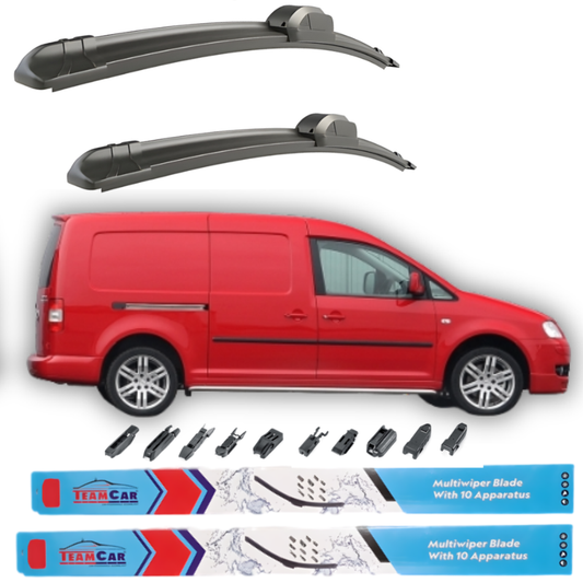 Car wiper blades with a red Volkswagen Caddy III MAXI (2004–2007) and Team Car branding on a white background