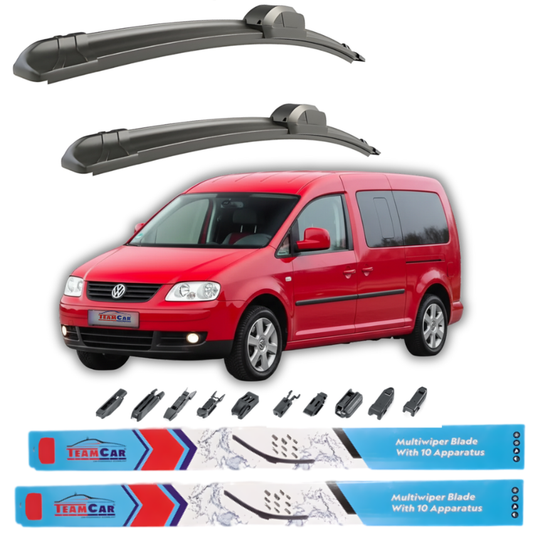 Two car wiper blades above a red Volkswagen Caddy with wiper blade attachments displayed below.