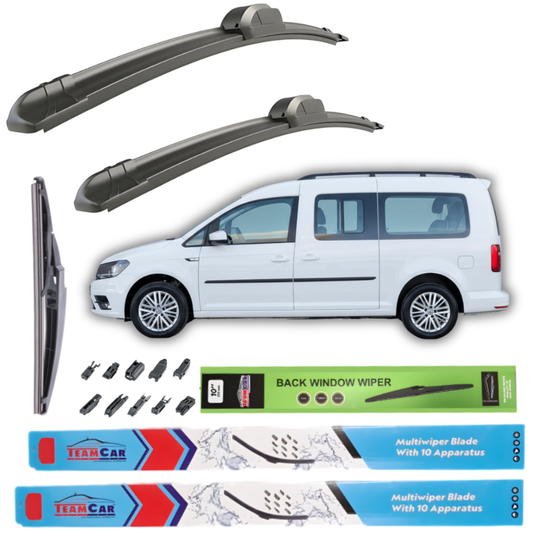 Car wiper blades with a white Volkswagen Caddy III Maxi Life (LWB, MPV) 2010–2015 and packaging on a white background