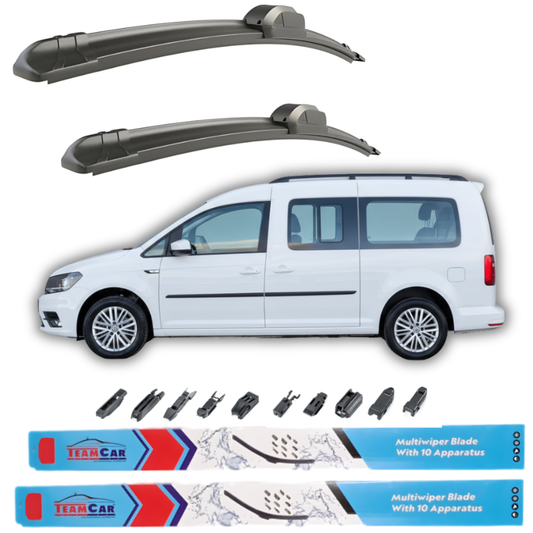 Car wiper blades with a white Volkswagen Caddy III Maxi Life (LWB, MPV) 2010–2015 and Team Car branding on a white background