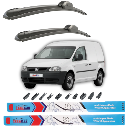 Two car wiper blades above a white Volkswagen Caddy III Panel Van (2007–2010) with TeamCar branding, featuring additional wiper blades below.