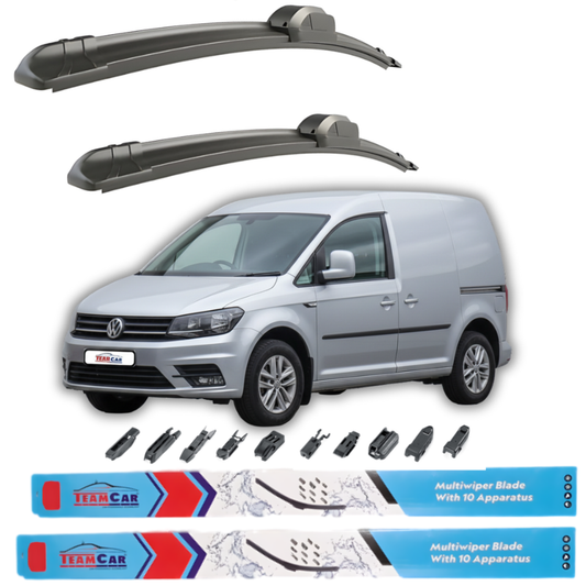 Car wiper blades with a silver Volkswagen Caddy III Panel Van (GP) 2010–2015 and additional wiper parts on a white background.