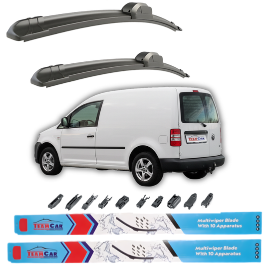 Two car wiper blades with a white Volkswagen Caddy III Panel Van vitrat (2007–2010) and additional wiper parts on a white background.