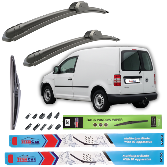 Car wiper blades with a white Volkswagen Caddy III Panel Van vitrat 2010–2015 and packaging on a white background