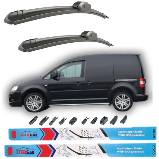 Two car wiper blades with a black Volkswagen Caddy III Panel Van (2004–2007) and additional wiper parts on a white background.
