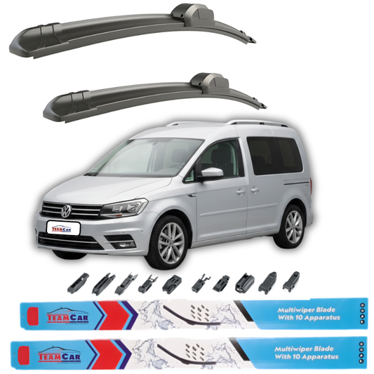 Car wiper blades with a white Volkswagen Caddy IV Kombi (2015–2020) and Team Car branding on a white background