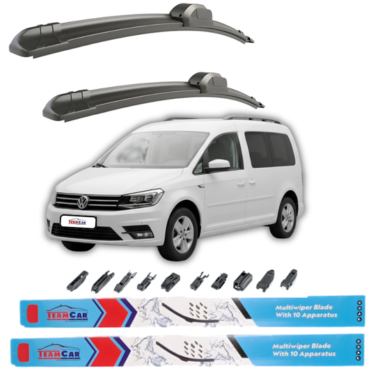 Car wiper blades with a white Volkswagen Caddy IV Maxi Kombi (2015–2020) and additional wiper parts on a white background