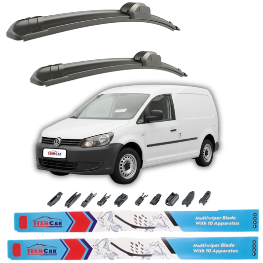 Two car wiper blades above a white van with wiper blade attachments displayed below.
