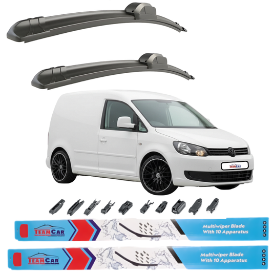 Two car wiper blades above a white Volkswagen Caddy IV Panel Van (2015–2020) with additional wiper blades displayed below.