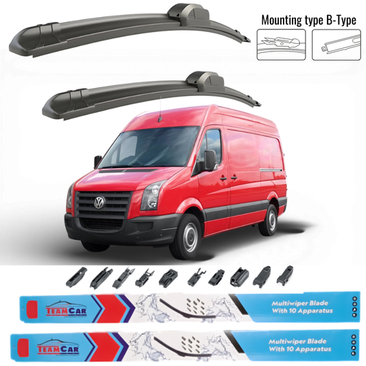 Red Volkswagen Crafter (2E) 2006-2016 van with wiper blades and mounting hardware on a white background