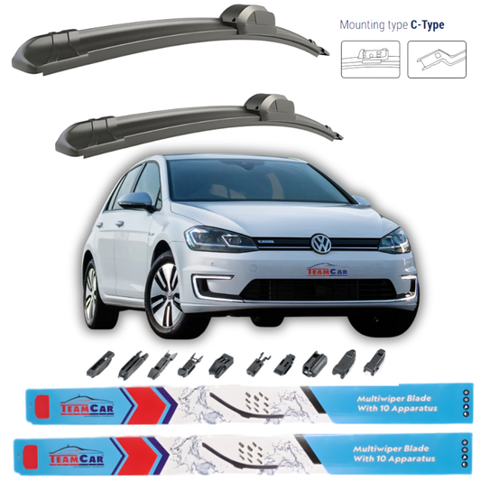 Car wiper blades with a white Volkswagen E-Golf 2014-2020 and Team Car branding on a white background